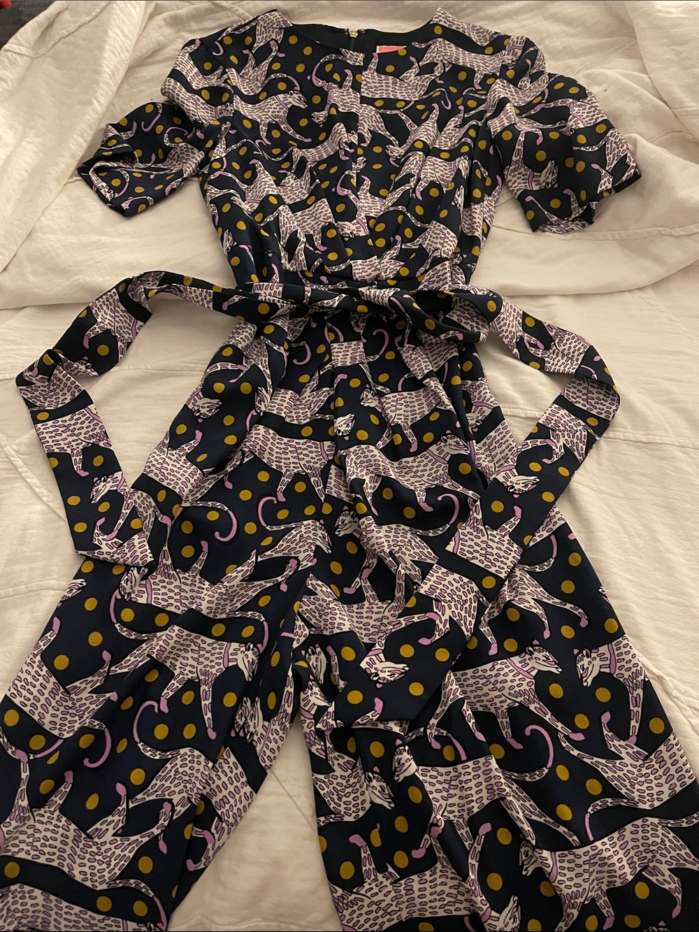 kate spade Navy Jumpsuit with Pink Leopard & Mustard Polka Dots